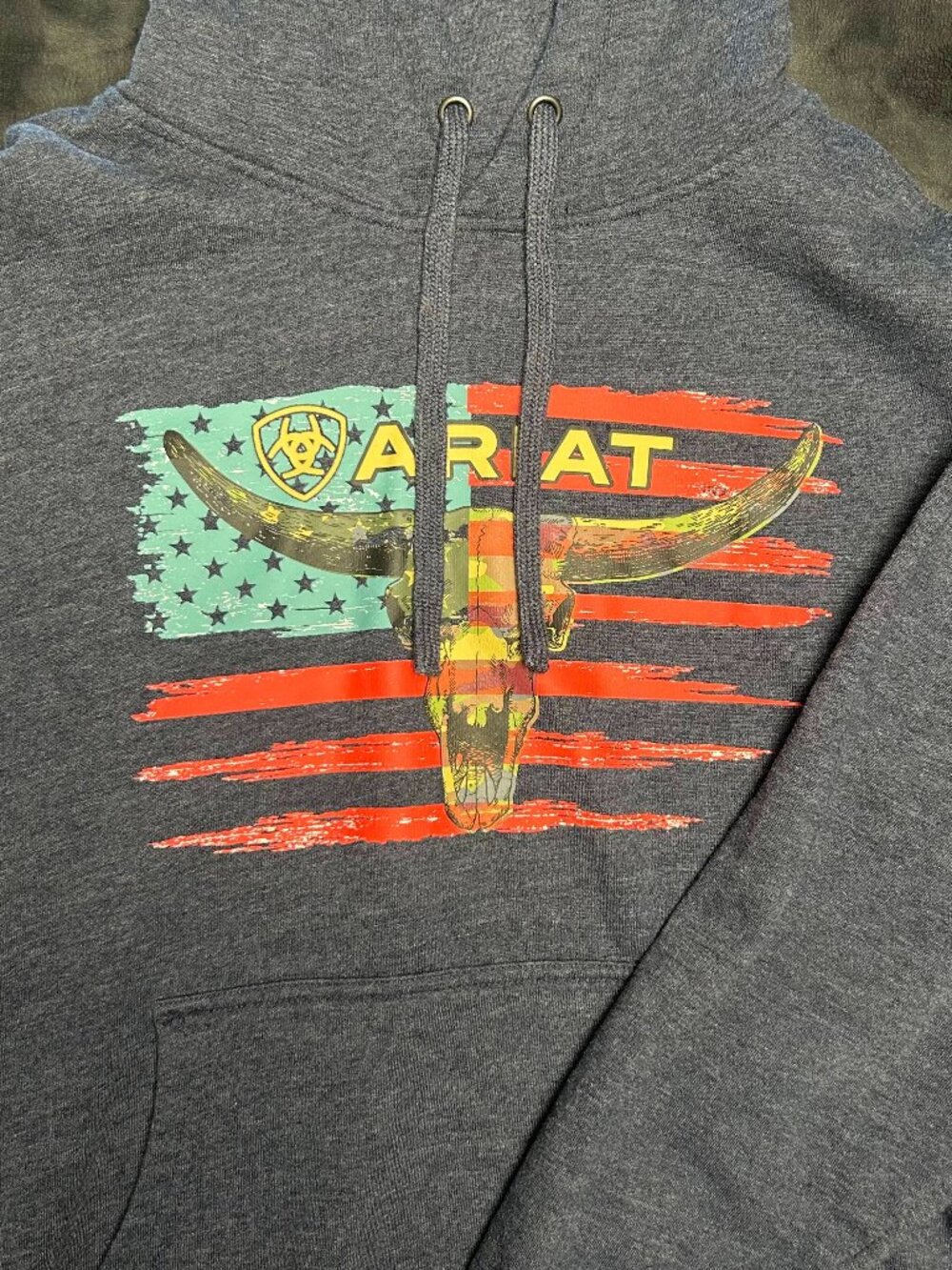 Ariat Hoodie L Men’S Graphic Longhorn Flag Sweatshirt Dark Heather Gray